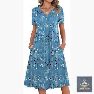 Short Sleeve Midi Dress with Pockets A-Line V-Neck Casual Summer Sundress